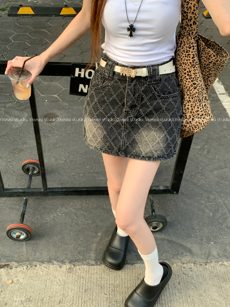 Real shot of summer rhombus crochet denim skirt mini skirt with lining