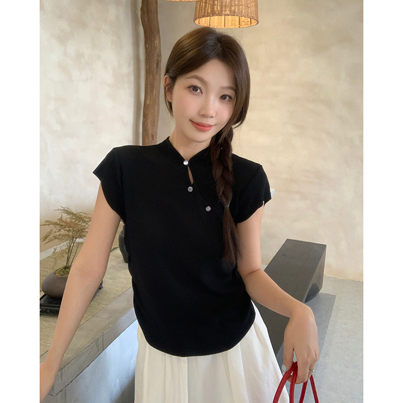 Actual shot of 2024 summer new large size fat mm design improved cheongsam Chinese style national style top short-sleeved knitted women