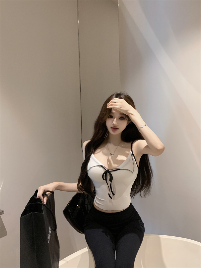 Real shot of flirty sweetheart/contrast color lapel camisole women's summer outer wear sweet and spicy sleeveless top slim fit inner wear