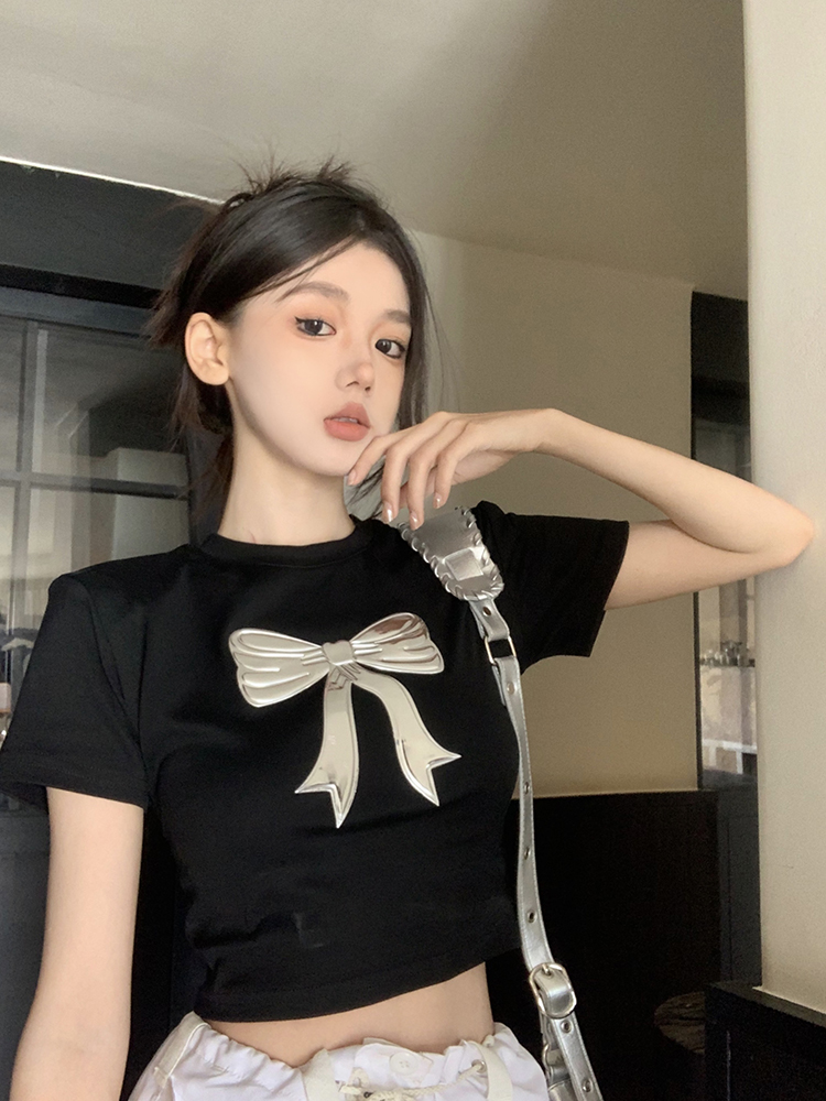 Actual shot of Pure Desire, sweet three-dimensional bow short-sleeved T-shirt, Korean style slim-fitting short versatile top