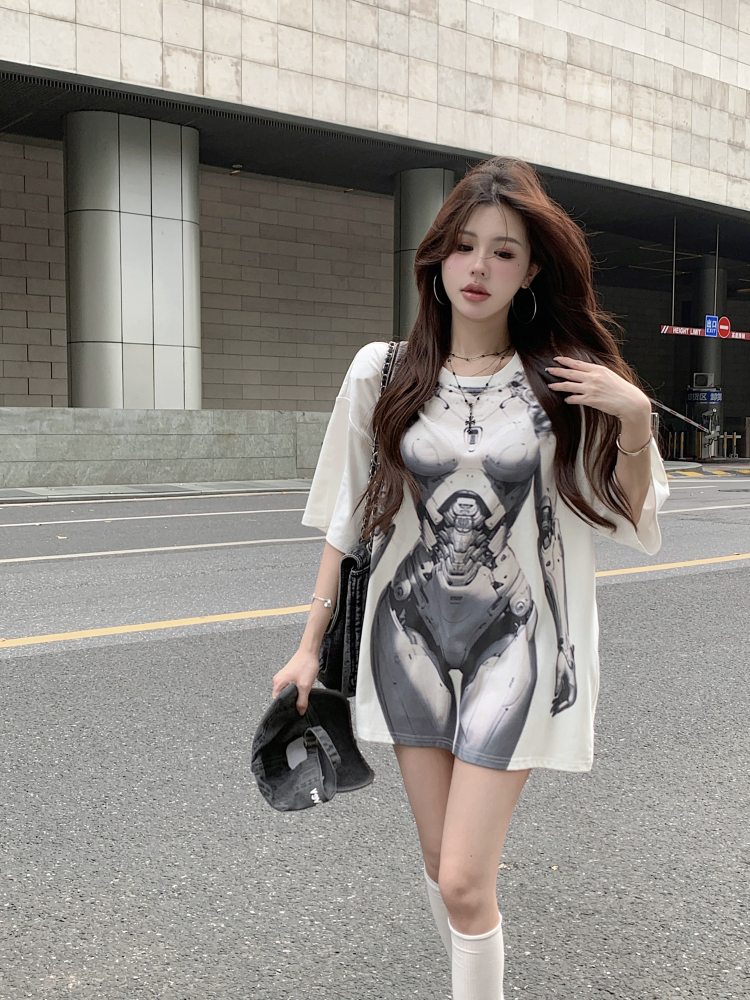 Real shot Bangkok lady loose design white large print short-sleeved T-shirt women's lazy slim top