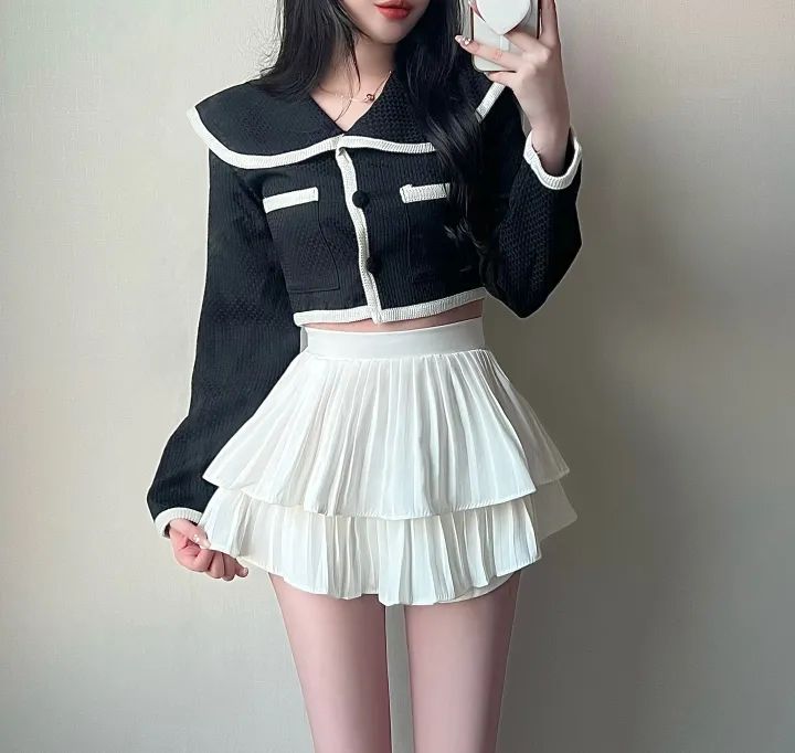 韩国chic蓬蓬裙纯欲白色裙子设计感百褶蛋糕短裙A字半身裙女夏
