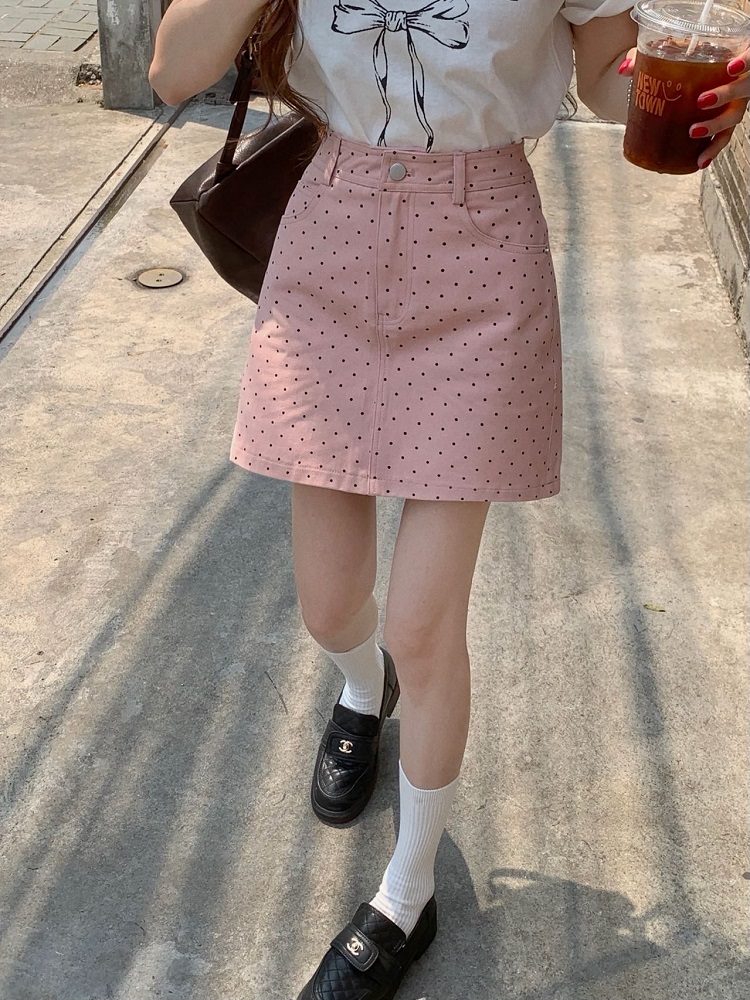 Real shot of sweet and cool retro polka-dot denim skirt 2024 summer new high-waist slim hip skirt A-line short skirt