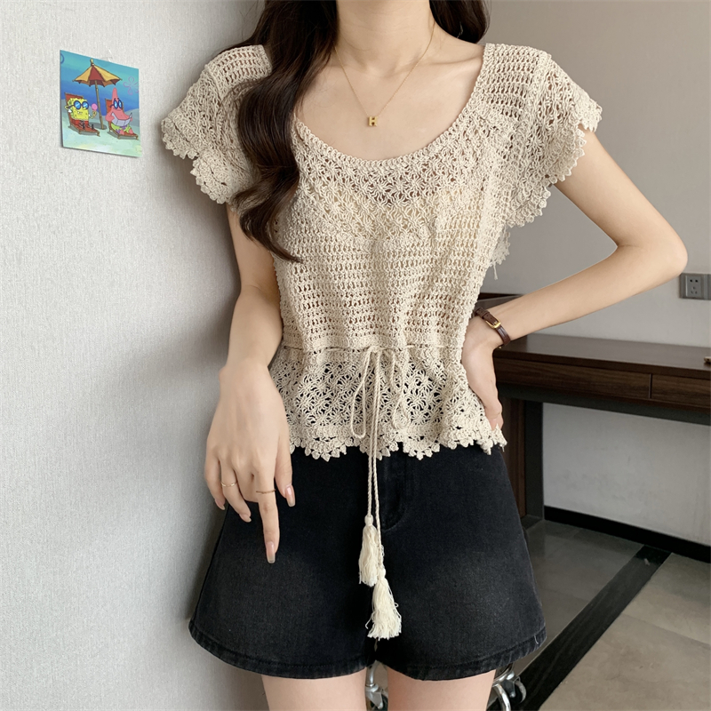Actual shot of new design niche sweet lace crochet hollow chiffon shirt women's chic shirt top
