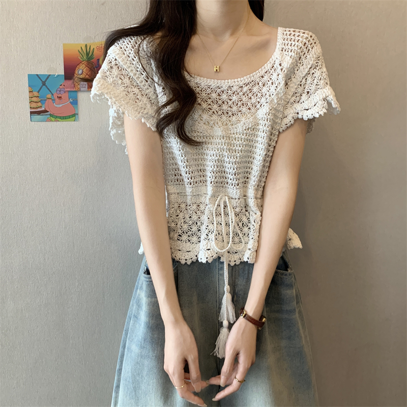 Actual shot of new design niche sweet lace crochet hollow chiffon shirt women's chic shirt top
