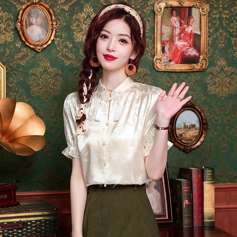 新中式輕國風短袖襯衫2026夏款款女裝歐貨小衫洋氣緞面杏色襯衣