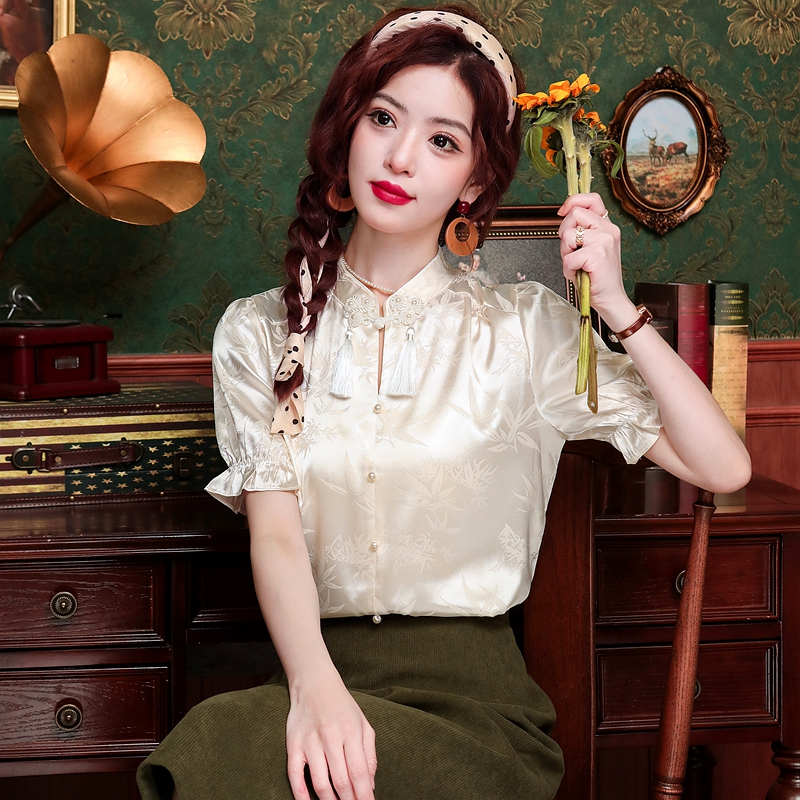 新中式輕國風短袖襯衫2026夏款款女裝歐貨小衫洋氣緞面杏色襯衣