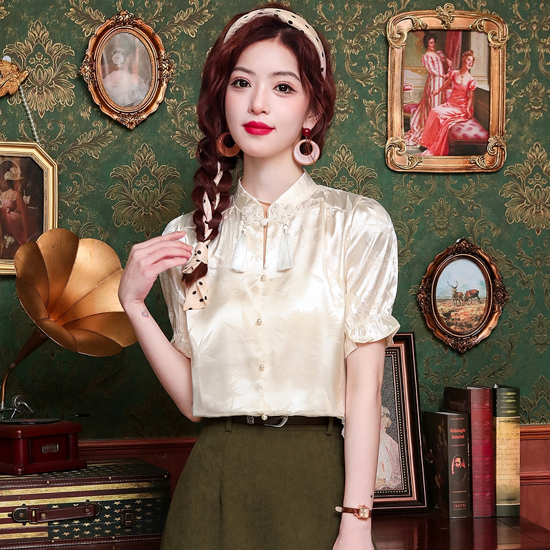 新中式輕國風短袖襯衫2026夏款款女裝歐貨小衫洋氣緞面杏色襯衣