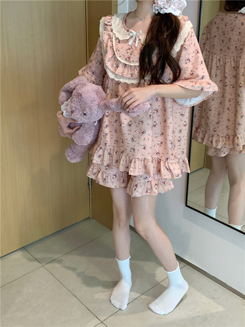 Real shot of Korean version of sweet lace princess style cotton small fresh floral home clothes loose and comfortable home clothes