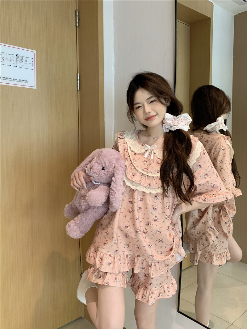 Real shot of Korean version of sweet lace princess style cotton small fresh floral home clothes loose and comfortable home clothes