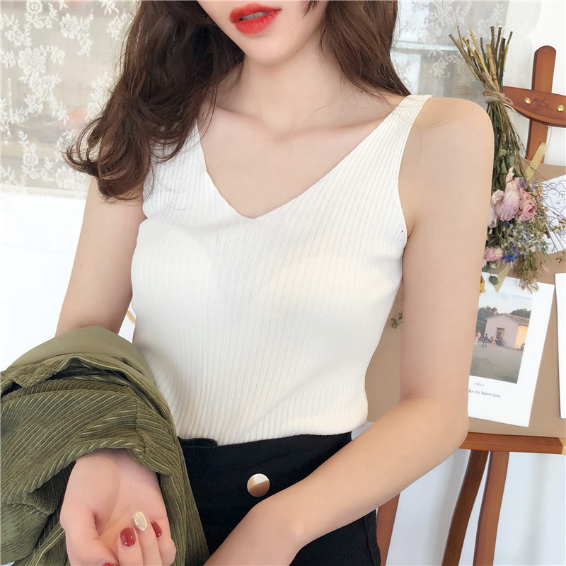 針織背心女外穿夏季美背v領內搭小吊帶甜辣短款無袖t恤上衣打底衫