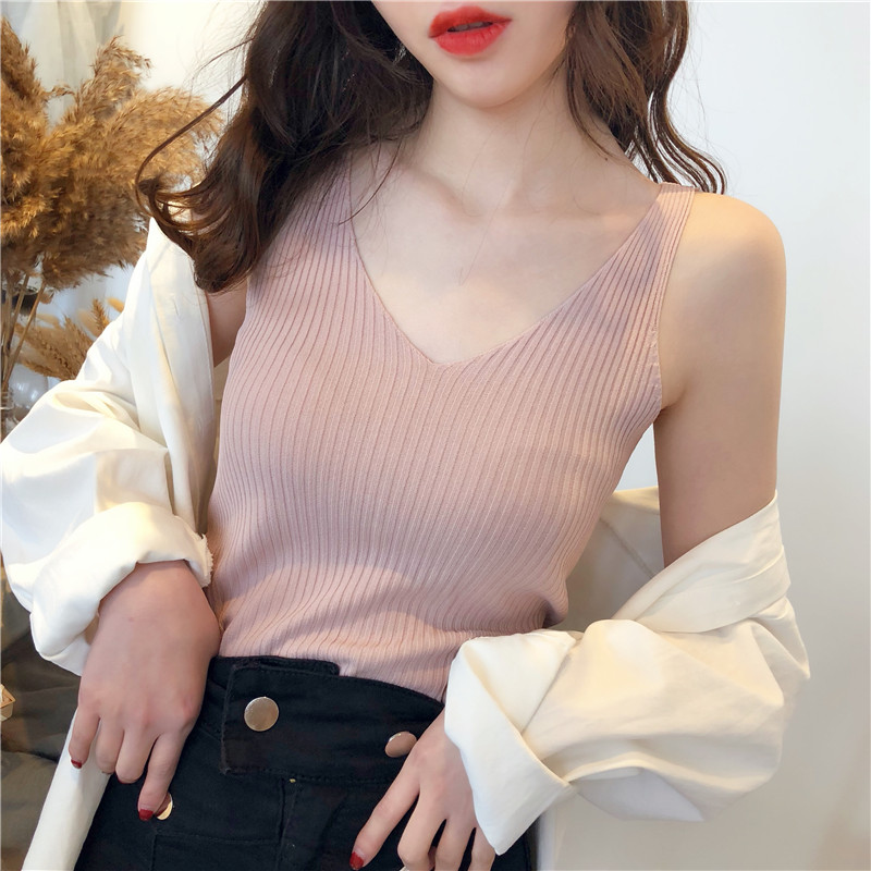針織背心女外穿夏季美背v領內搭小吊帶甜辣短款無袖t恤上衣打底衫