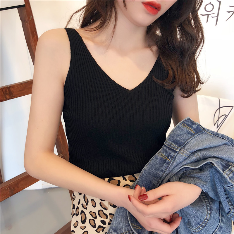 針織背心女外穿夏季美背v領內搭小吊帶甜辣短款無袖t恤上衣打底衫