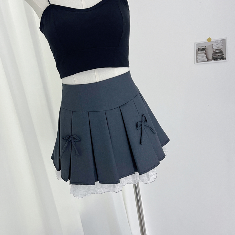 Real shot of college style sexy bow lace skirt for women 2024 spring and summer high waist slim pleated skirt