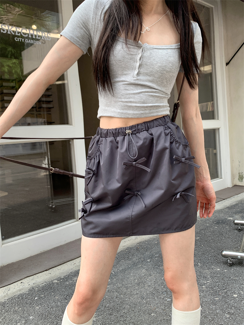 Real shot of designer bow workwear bud skirt women's summer American elastic waist A-line skirt