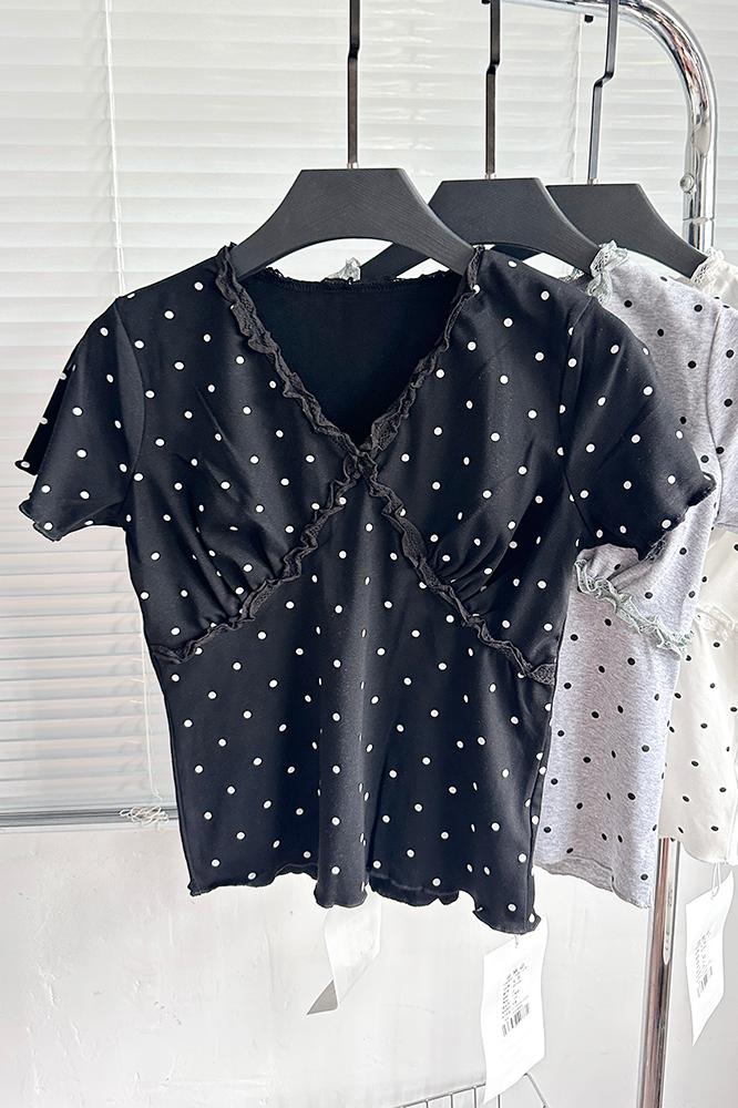 韩系纯色/波点v领针织短袖t恤女夏季设计感小众修身袖短款上衣