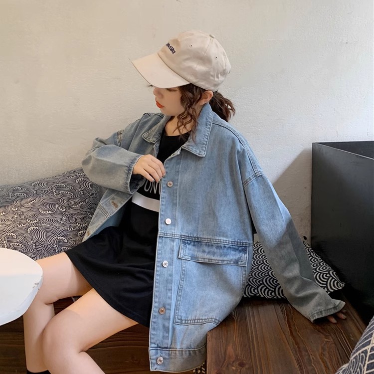 Real shot Korean style BF style loose pocket slim denim jacket for women retro street versatile ins top trendy