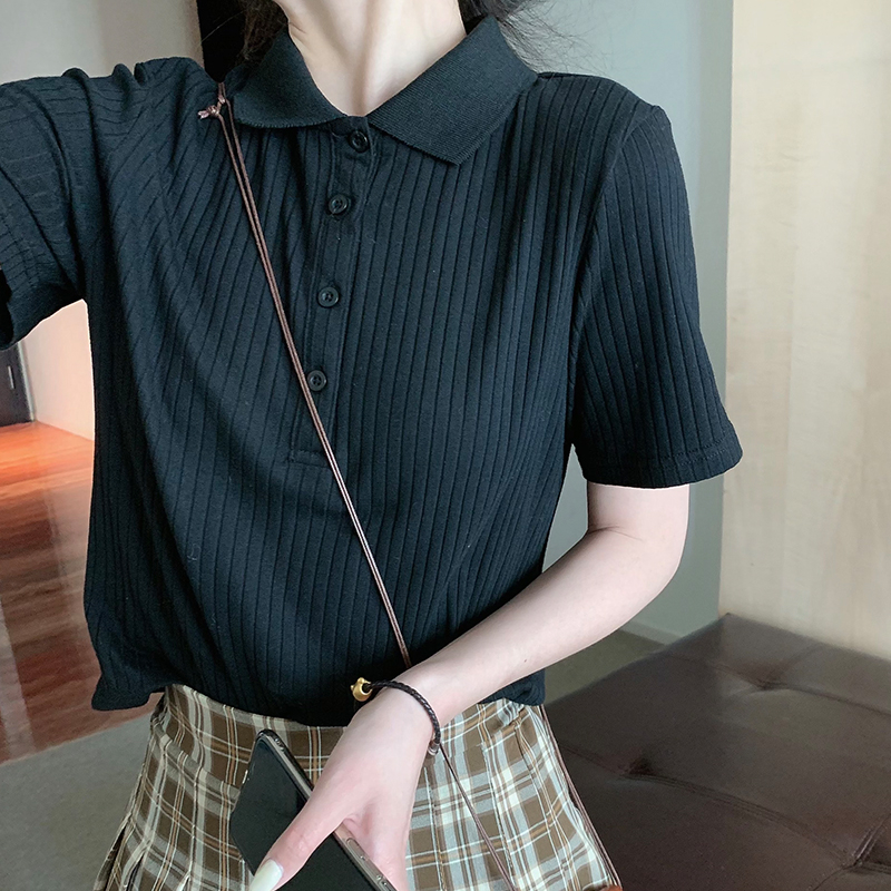 Real shot 95 cotton 5 spandex knitted pit strips 2024 new summer slim fit versatile Polo shirt short sleeves for women