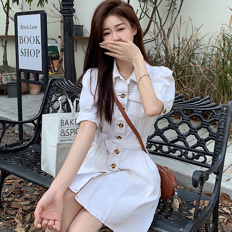Real shot!  French first love white puff sleeve dress summer waist chic high-end design denim skirt