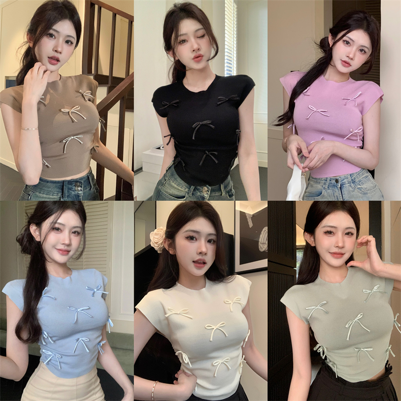 Actual shot of new sweet style bow half turtleneck small flying sleeves slim fit short top T-shirt for women