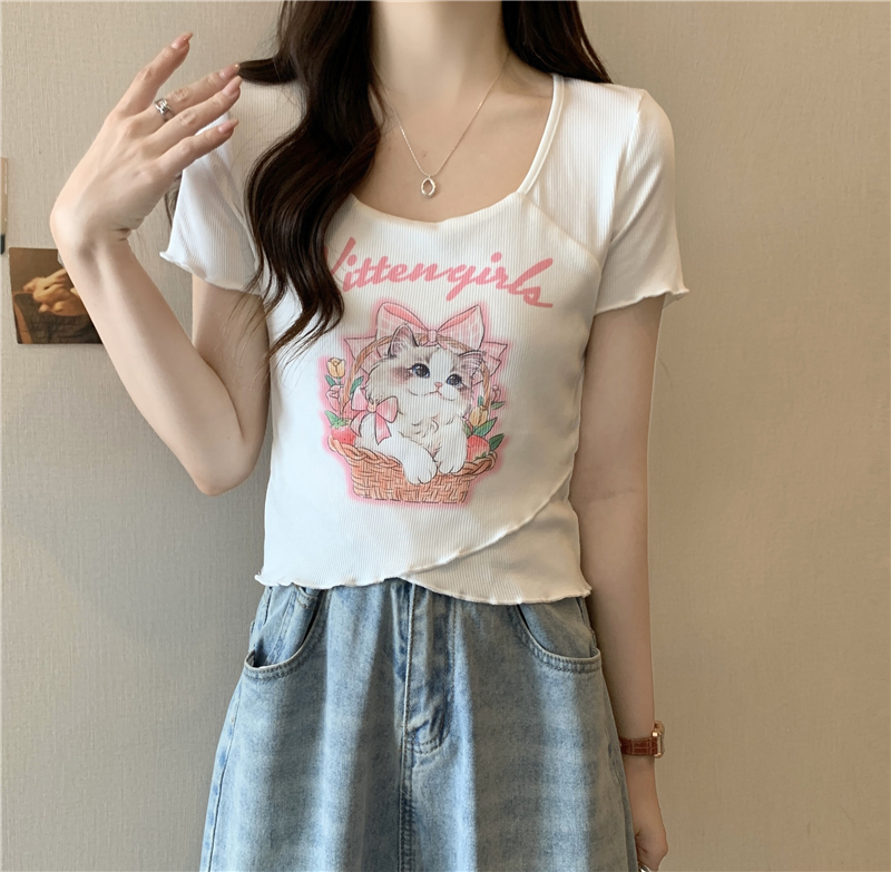 甜辣妹猫咪印花短袖t恤女夏季修身露脐短款上衣