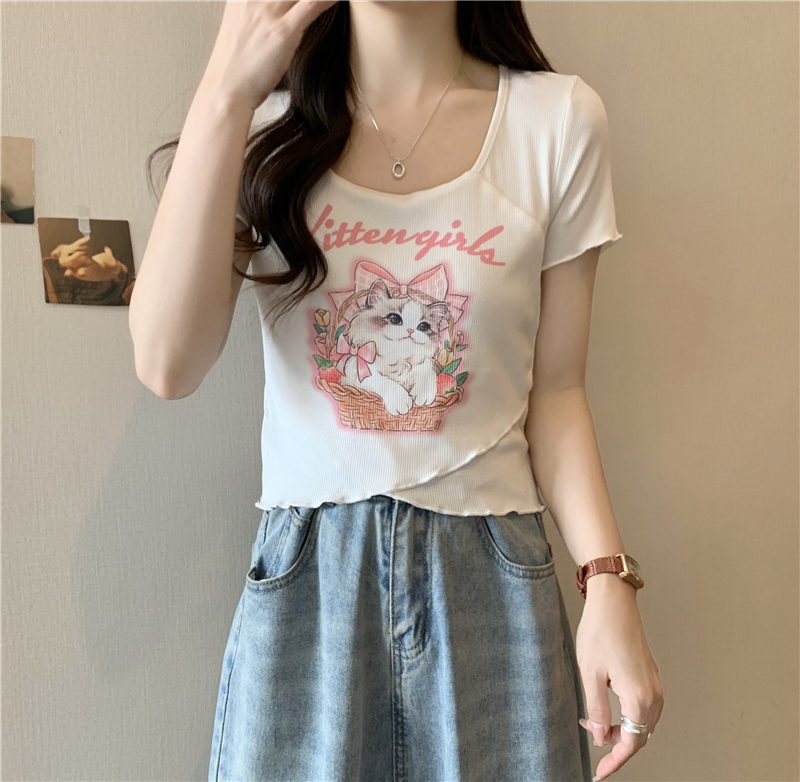 甜辣妹猫咪印花短袖t恤女夏季修身露脐短款上衣