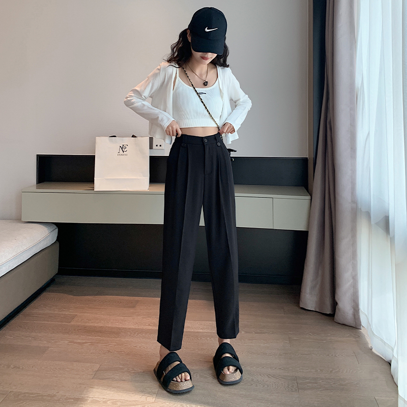 7268 real shot~Large size women's nine-point suit pants women's high-waisted straight loose loose crotch-covering cigarette pants