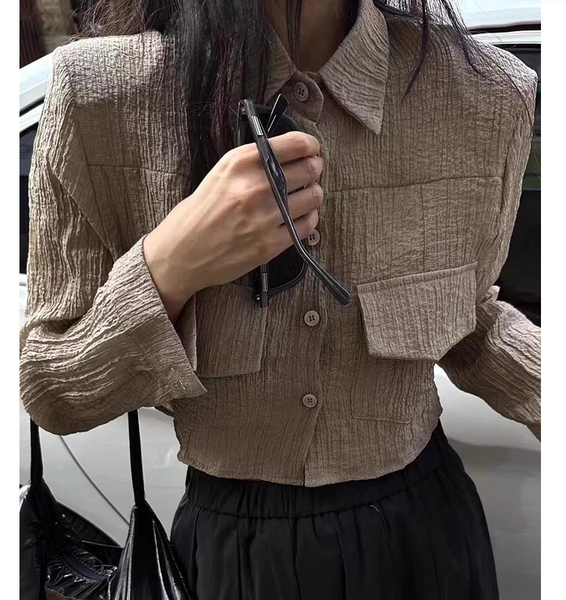 韩版休闲宽松褶皱薄款长袖衬衫女2024夏季新款小个子短款防晒上衣