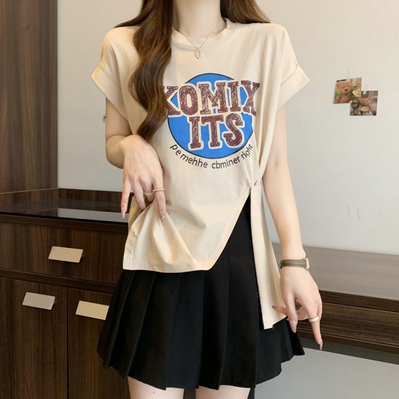 Actual shot of 21-count pure cotton high-density 2024 summer design loose short-sleeved T-shirt for women with slits