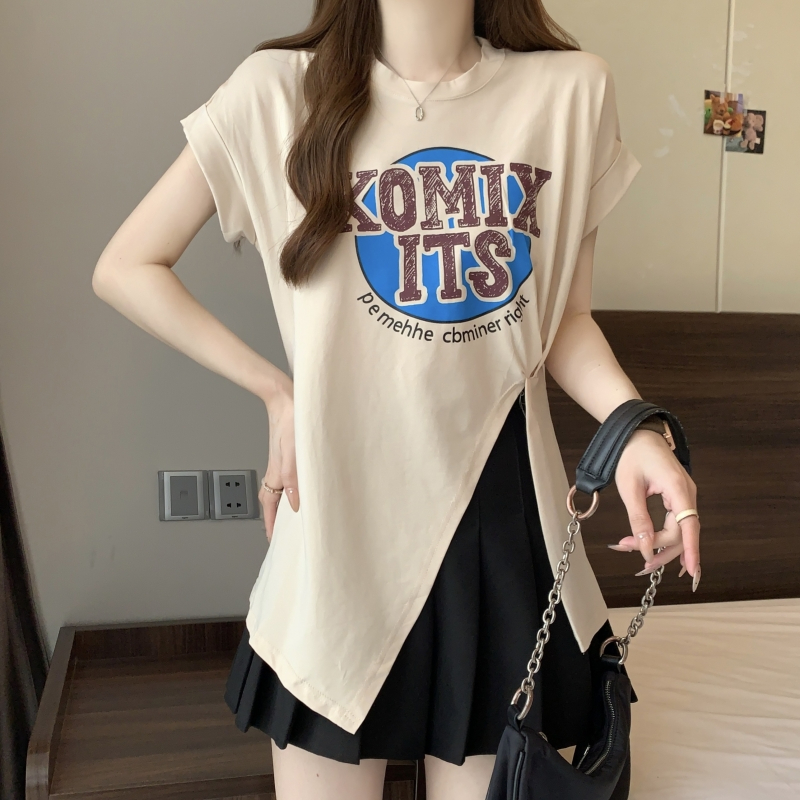 Actual shot of 21-count pure cotton high-density 2024 summer design loose short-sleeved T-shirt for women with slits