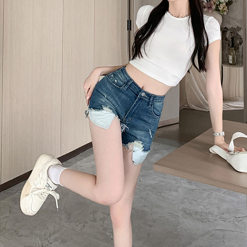 Real shot ~ Retro blue ripped denim shorts for women, high-waisted casual straight pants, hot girls slimming hot pants