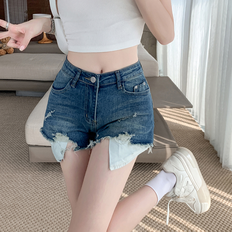 Real shot ~ Retro blue ripped denim shorts for women, high-waisted casual straight pants, hot girls slimming hot pants