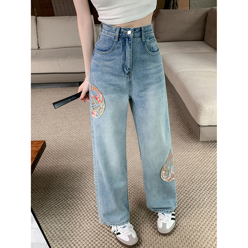 Real shot ~ Chinese style embroidered straight jeans for women, new design, high waist, slimming, narrow version, wide leg trousers