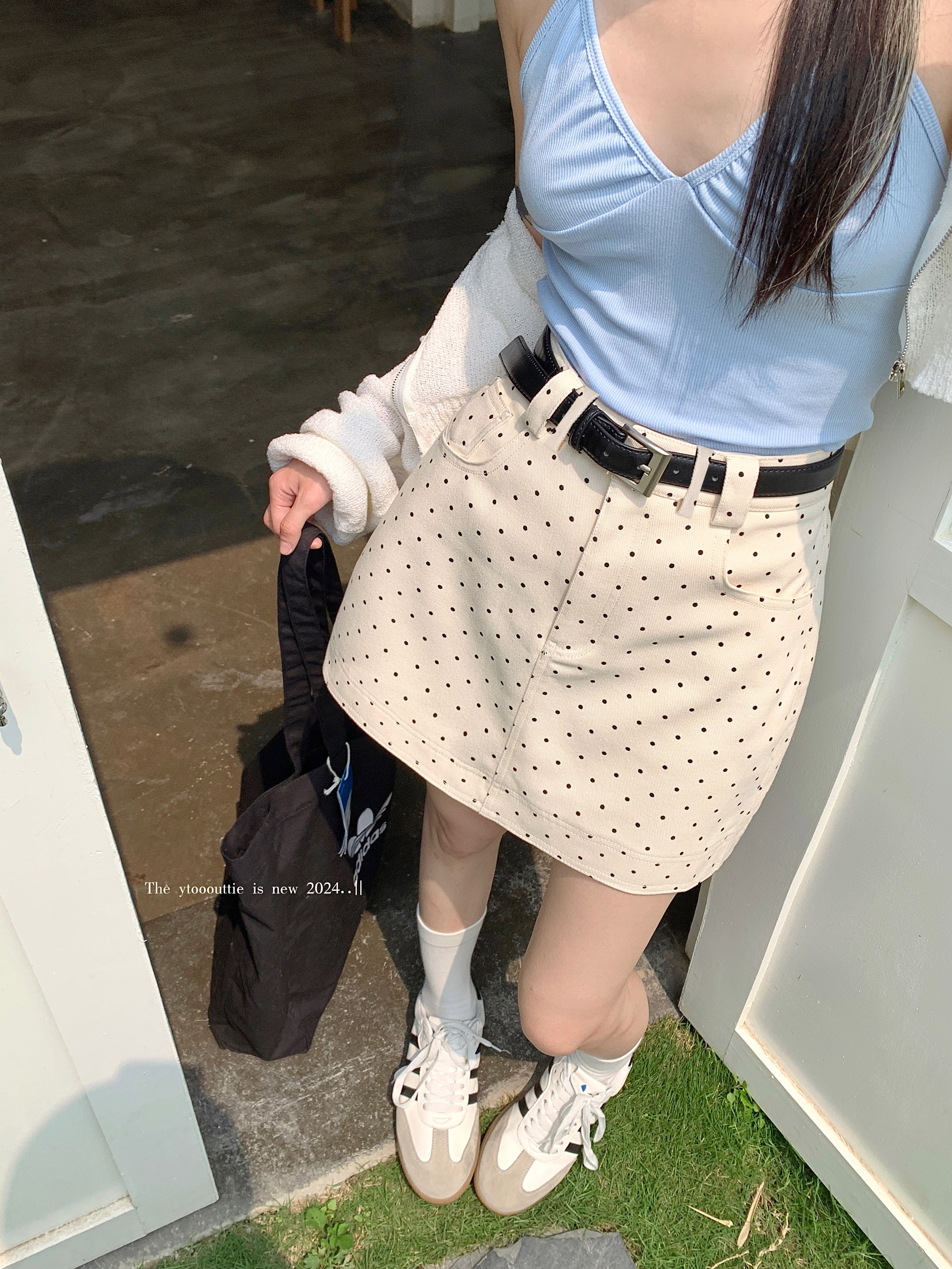 Real shot of polka-dot casual hip-hugging denim casual skirt, sweet Korean version