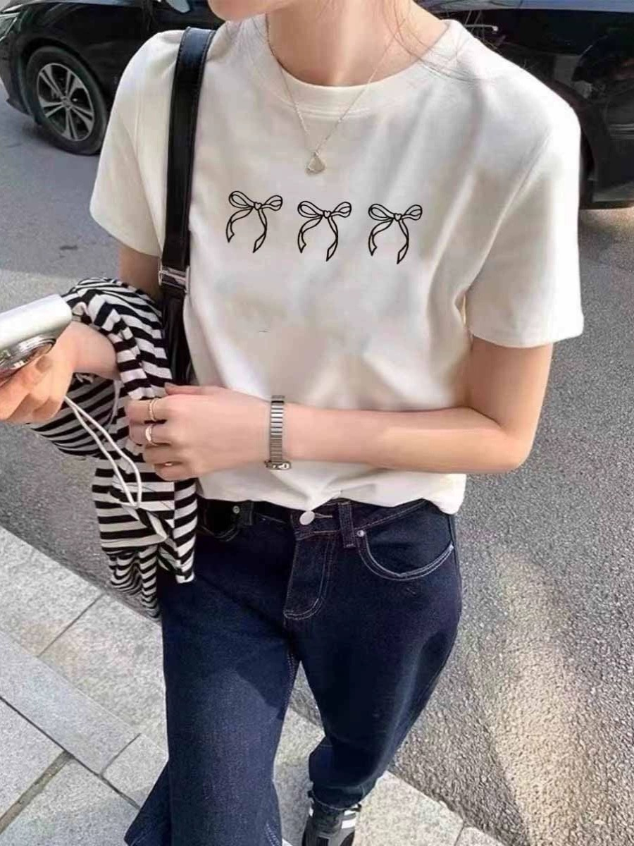 Spring and summer Korean style new loose bow printed round neck white short-sleeved T-shirt for women all-match age-reducing tops