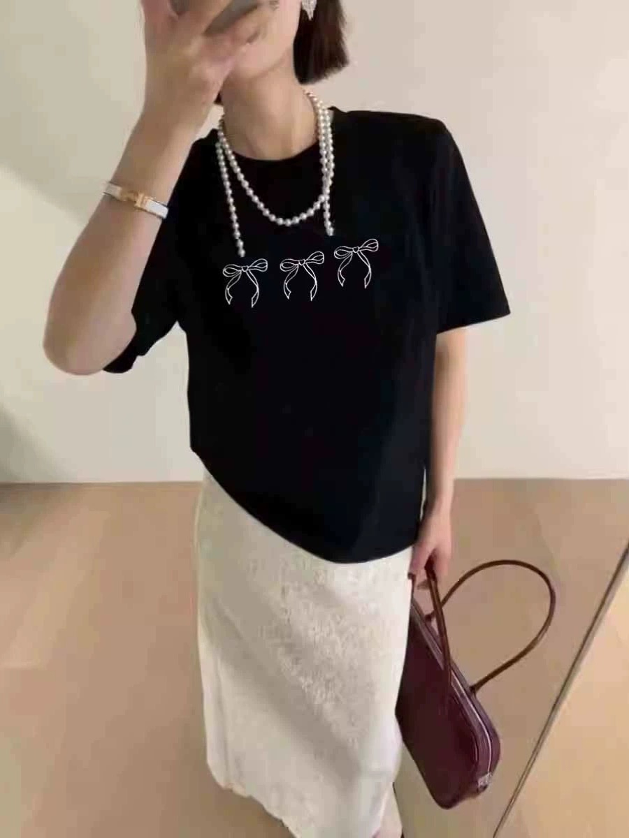 Spring and summer Korean style new loose bow printed round neck white short-sleeved T-shirt for women all-match age-reducing tops