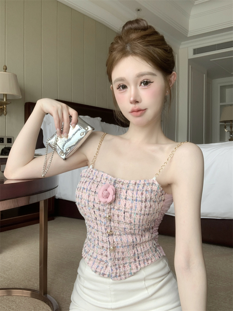 Xiaoxiang style pink tweed vest for women, high-end flower gold chain suspender tube top real shot