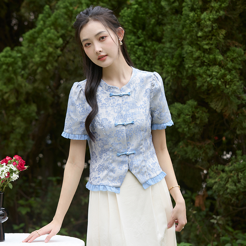 2026夏季新款中式國風盤扣圓領花邊泡泡短袖襯衫女氣質修身小衫
