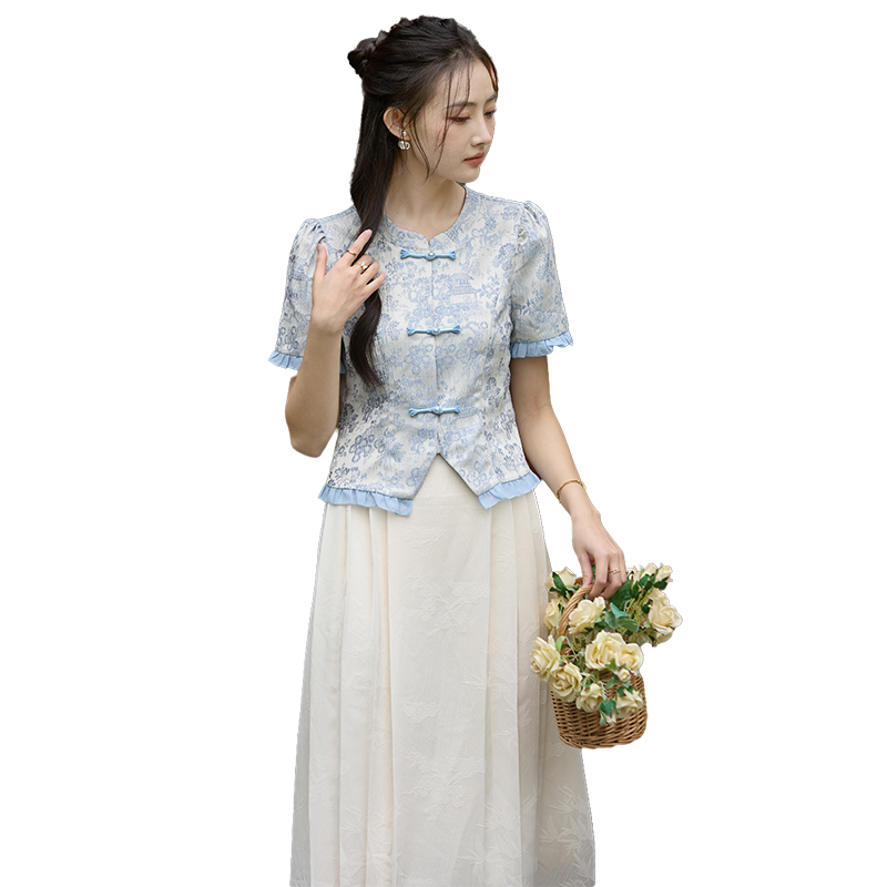 2026夏季新款中式國風盤扣圓領花邊泡泡短袖襯衫女氣質修身小衫