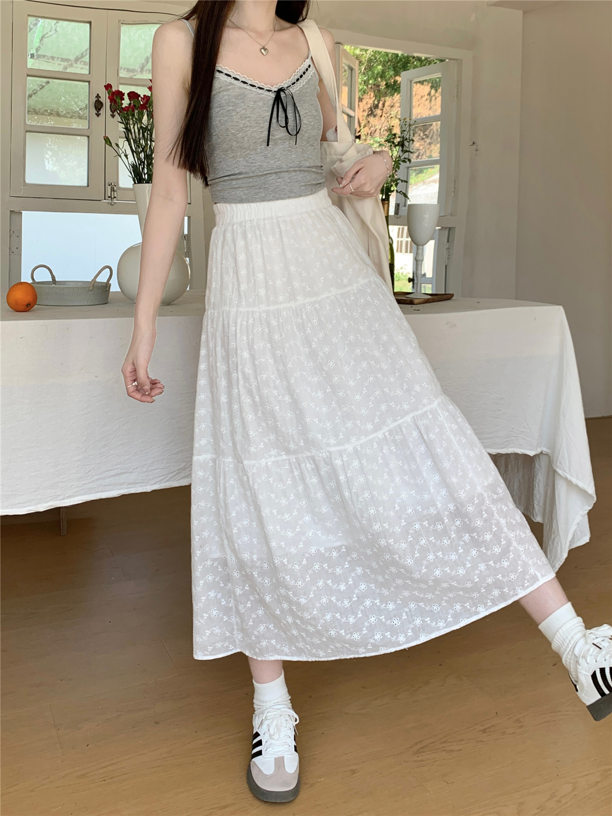 Real shot of Korean style chic summer temperament, versatile elastic high waist slimming knee-high lace skirt long skirt for women
