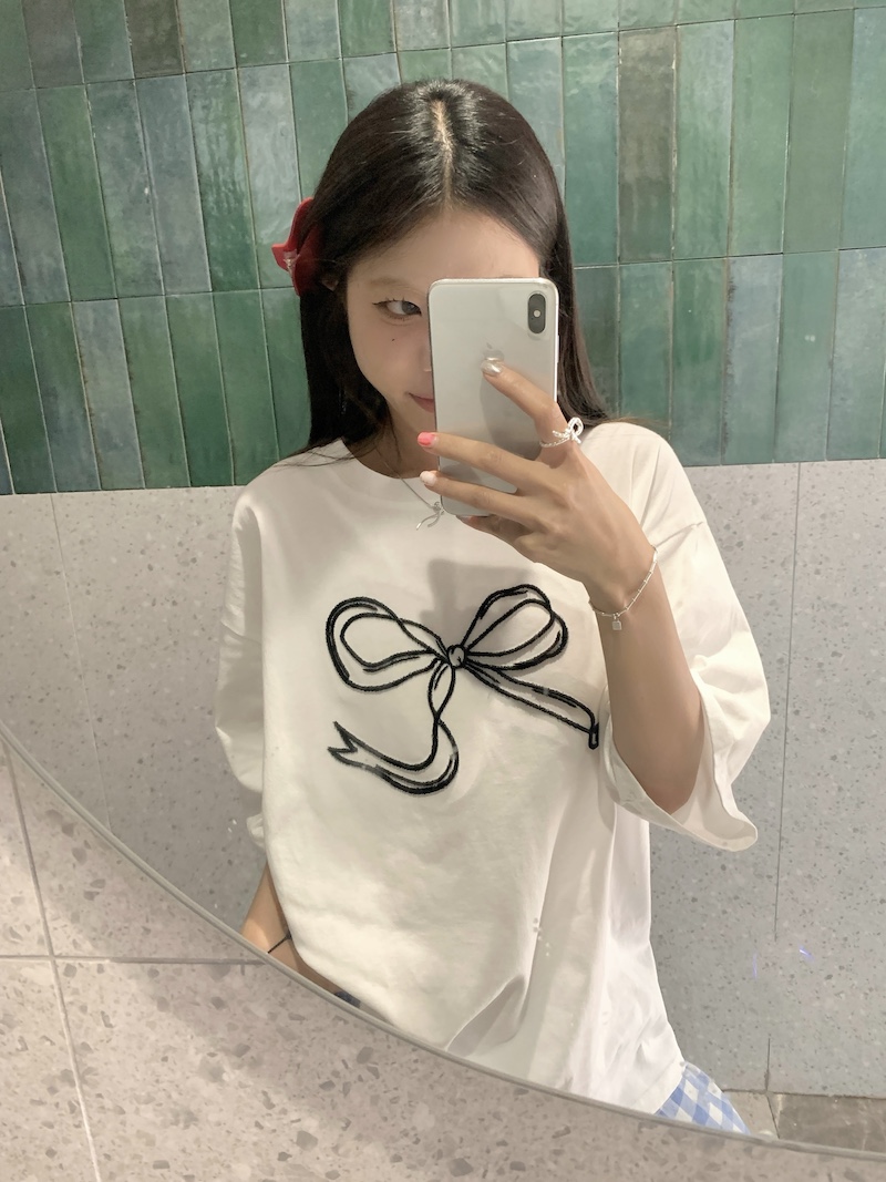 Actual shot~Korean style summer bow three-dimensional printed loose and versatile T-shirt top~