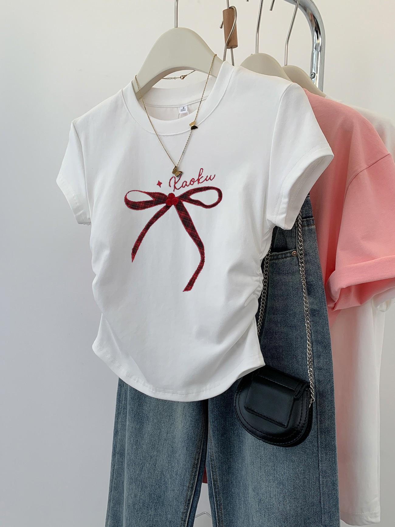 灰色蝴蝶结印花短款短袖t恤女夏季2024新款设计感小个子修身T恤