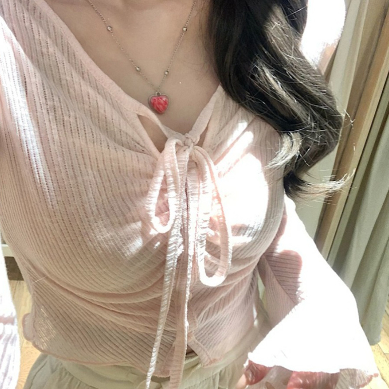 Two-piece set ~ 2024 new sweet mesh trumpet sleeve knitted two-piece set for women with design lace-up slim fit top