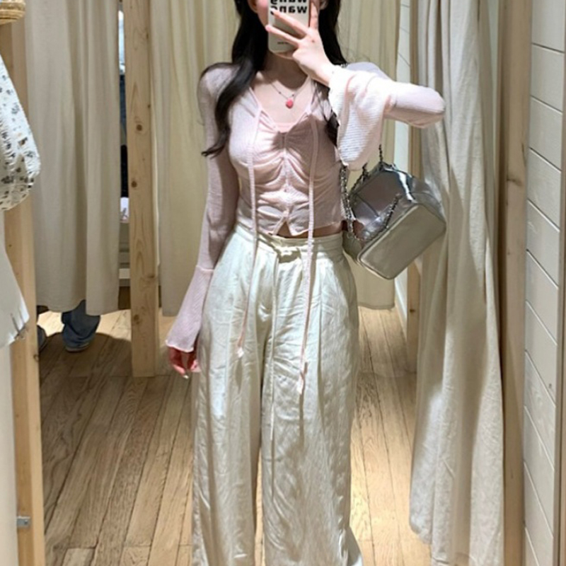 Two-piece set ~ 2024 new sweet mesh trumpet sleeve knitted two-piece set for women with design lace-up slim fit top