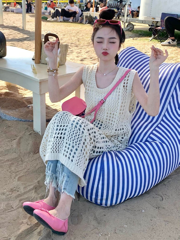 2024夏季新款韩国设计感镂空针织网格圆领叠穿氛围感背心连衣裙女