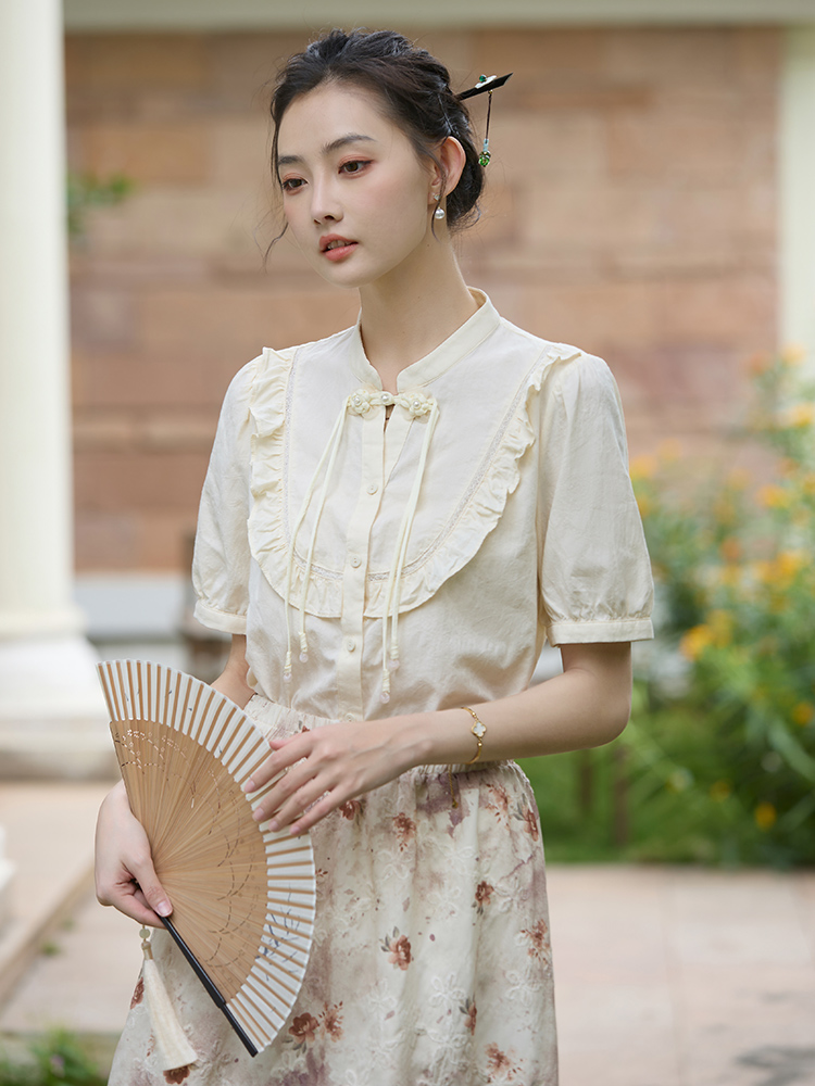 國風新中式短袖襯衣女2026年夏季新款氣質盤扣荷葉邊襯衫上衣