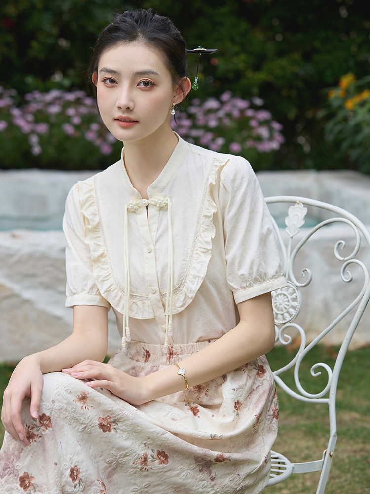 國風新中式短袖襯衣女2026年夏季新款氣質盤扣荷葉邊襯衫上衣