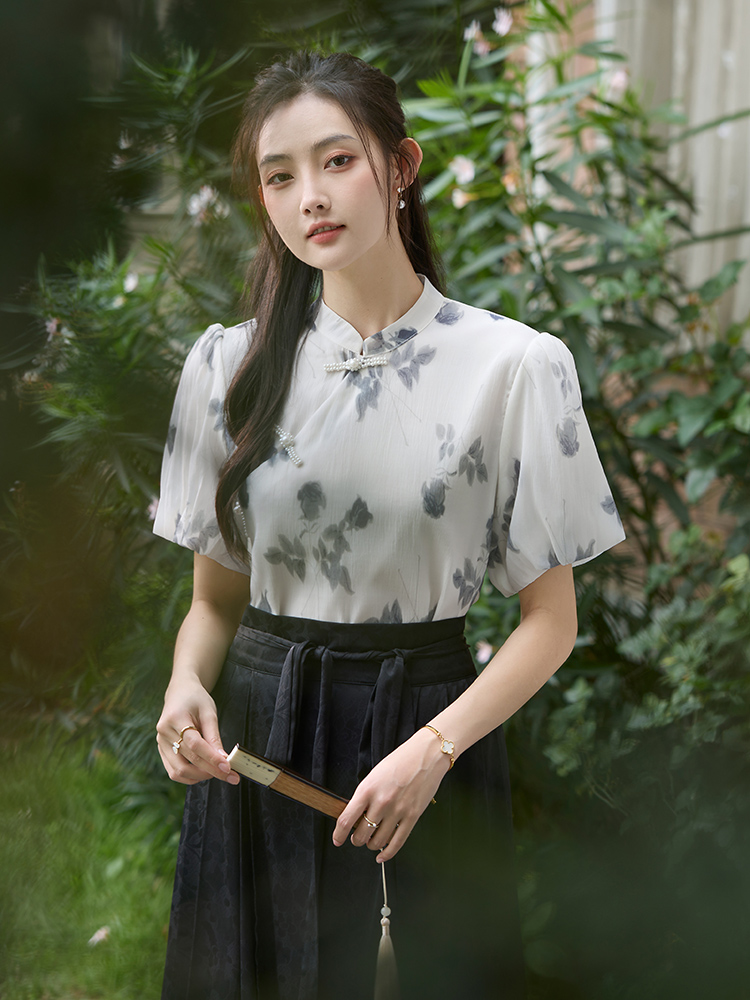 新中式國風珍珠盤扣 水墨印花立領花苞袖襯衫短袖上衣女夏新