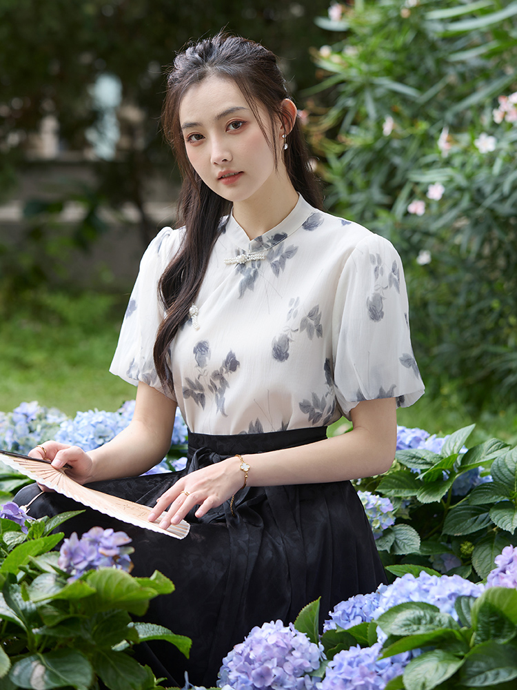 新中式國風珍珠盤扣 水墨印花立領花苞袖襯衫短袖上衣女夏新