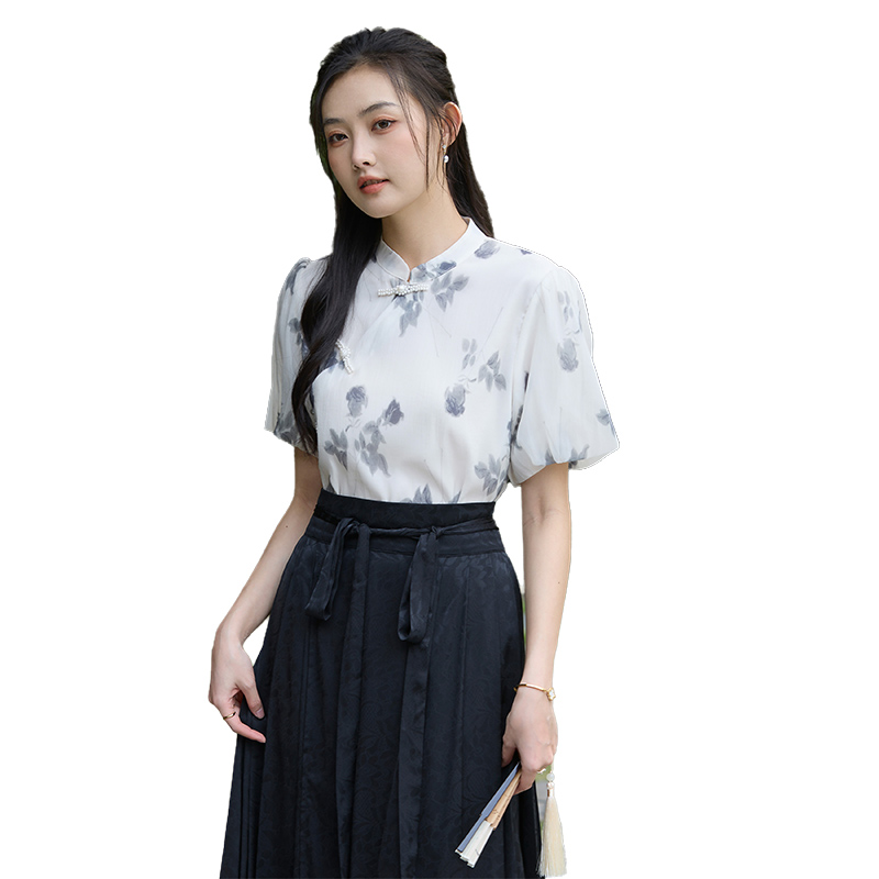 新中式國風珍珠盤扣 水墨印花立領花苞袖襯衫短袖上衣女夏新